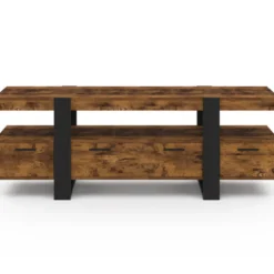 Meuble TV 140 cm noir et bois effet vieilli avec rangement