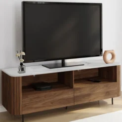 Meuble TV 140 cm noyer effet lattes 2 tiroirs et plateau marbre blanc