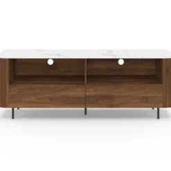 Meuble TV 140 cm noyer effet lattes 2 tiroirs et plateau marbre blanc