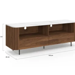 Meuble TV 140 cm noyer effet lattes 2 tiroirs et plateau marbre blanc