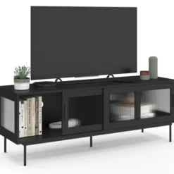 Meuble TV 140 cm 2 portes coulissantes vitrées façade cannelée noir