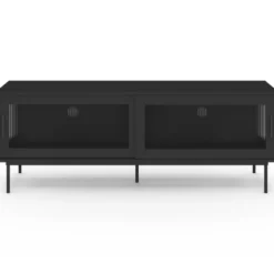 Meuble TV 140 cm 2 portes coulissantes vitrées façade cannelée noir