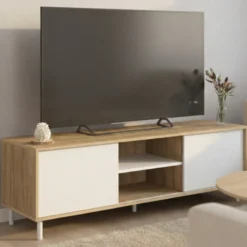 Meuble TV 140 cm 2 portes coulissantes réversibles effet bois et blanc montage sans outils