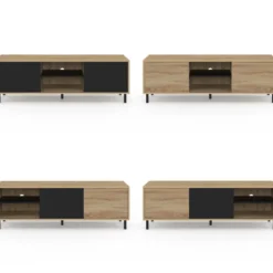 Meuble TV 140 cm 2 portes coulissantes réversibles effet bois et noir montage sans outils
