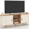 Meuble TV 140 cm 2 portes effet cannelé beige et bois