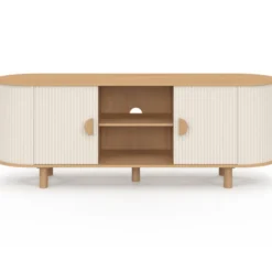 Meuble TV 140 cm 2 portes effet cannelé beige et bois
