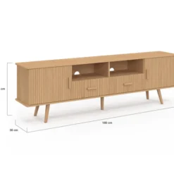 Meuble TV 180 cm 2 portes et 2 tiroirs lattes tasseau bois coloris chêne