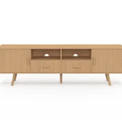 Meuble TV 180 cm 2 portes et 2 tiroirs lattes tasseau bois coloris chêne