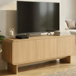 Meuble TV 140 cm 3 portes façon hêtre design arrondi
