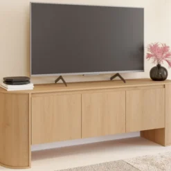 Meuble TV 140 cm 3 portes façon hêtre design arrondi