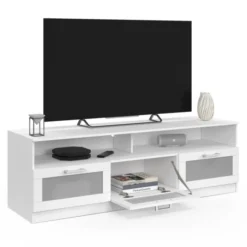 Meuble tv 140 cm portes givrées blanc