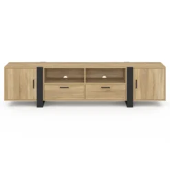 Meuble TV 200 cm 2 portes 2 tiroirs bois et noir