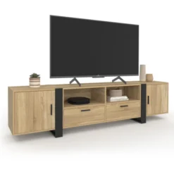 Meuble TV 200 cm 2 portes 2 tiroirs bois et noir