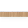Meuble TV 180 cm suspendu plateau effet marbre lattes tasseau bois coloris chêne