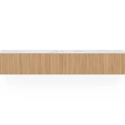 Meuble TV 180 cm suspendu plateau effet marbre lattes tasseau bois coloris chêne