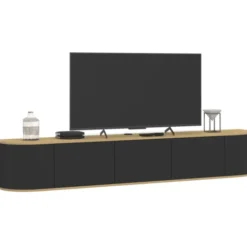 Meuble TV 180 cm suspendu 3 portes bois et noir