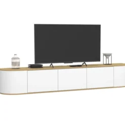 Meuble TV 180 cm suspendu 3 portes bois et blanc