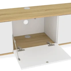 Meuble TV 180 cm suspendu 3 portes bois et blanc