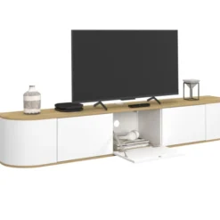 Meuble TV 180 cm suspendu 3 portes bois et blanc