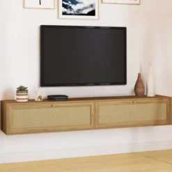 Meuble TV 180 cm suspendu 2 portes effet naturel cannage