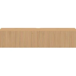 Meuble TV 140 cm suspendu 2 portes lattes tasseau bois coloris chêne