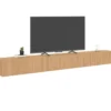 Meuble TV 270 cm suspendu 3 portes lattes tasseau bois coloris chêne