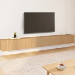 Meuble TV 270 cm suspendu 3 portes lattes tasseau bois coloris chêne
