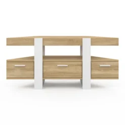 Meuble TV d'angle bois et blanc 110cm avec tiroir