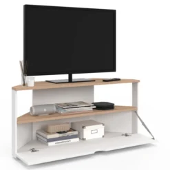 Meuble TV d'angle 100 cm en bois façon hêtre et blanc