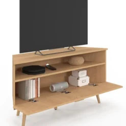 Meuble TV d’angle 110 cm porte effet lattes coloris chêne