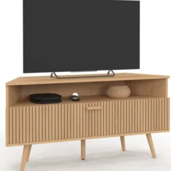 Meuble TV d’angle 110 cm porte effet lattes coloris chêne