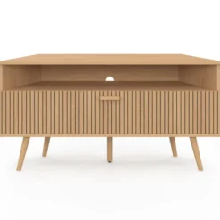 Meuble TV d’angle 110 cm porte effet lattes coloris chêne