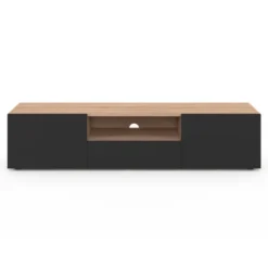 Meuble TV moderne 140cm bois façon hêtre portes noires