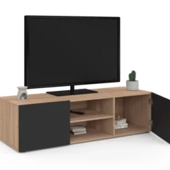 Meuble TV moderne noir et bois 113 cm