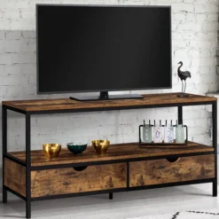 Meuble TV style industriel bois effet vieilli et métal 2 tiroirs