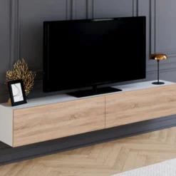 Meuble TV suspendu blanc et bois