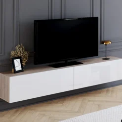 Meuble TV suspendu bois et blanc
