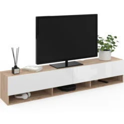 Meuble TV suspendu bois et blanc 180 cm avec étagères
