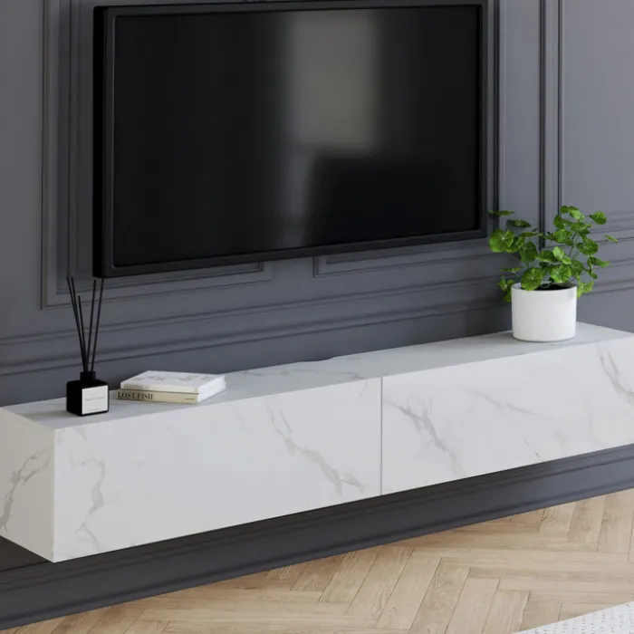 Meuble TV suspendu 2 portes bois effet marbre 180 cm