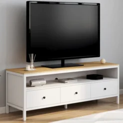 Meuble TV 3 tiroirs blanc et plateau bois 140 cm