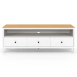 Meuble TV 3 tiroirs blanc et plateau bois 140 cm