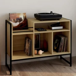 Meuble vinyle, buffet de rangement 100cm bois et noir design industriel
