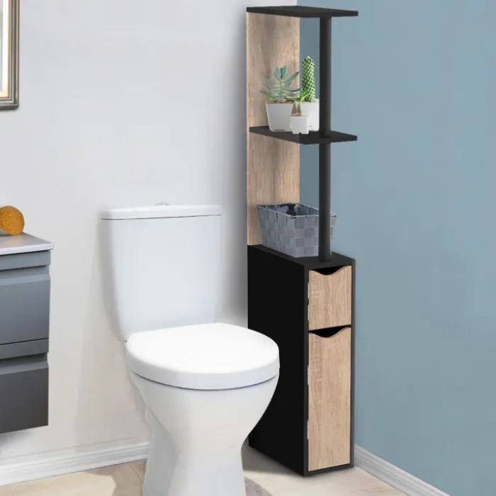 Meuble WC étagère avec 2 portes noir et bois