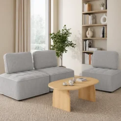 Module de canapé et fauteuil en velours côtelé gris clair
