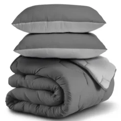 Pack couette oreiller 220x240 cm bicolore gris clair et foncé