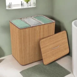 Panier à linge 3 bacs amovibles bambou et tissu