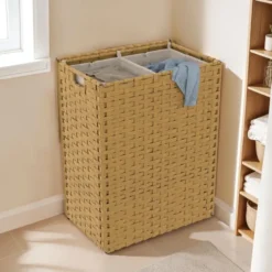 Panier à linge 140L 2 bacs amovibles effet rotin et tissu
