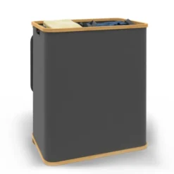 Panier à linge 140L 2 bacs amovibles bambou gris
