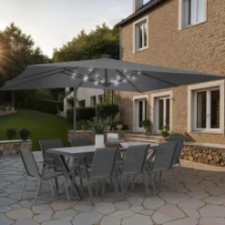 Parasol déporté inclinable 3x4 m rotatif 360 gris avec LED