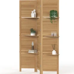 Paravent intérieur 3 panneaux lattes persiennes avec 3 étagères bois